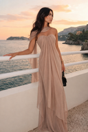 Elvira Brown Draped Strapless Scarf-Neck Maxi Dress