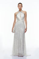 Celiane White Sequin Halterneck Maxi Dress with Cut-Outs