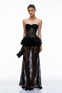 Maureen Black Strapless Lace Peplum Maxi Dress