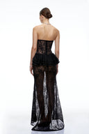 Maureen Black Strapless Lace Peplum Maxi Dress