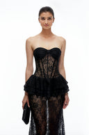 Maureen Black Strapless Lace Peplum Maxi Dress