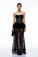 Maureen Black Strapless Lace Peplum Maxi Dress
