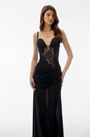 Severine Black Sheer Lace Corset Maxi Dress