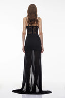 Severine Black Sheer Lace Corset Maxi Dress