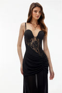 Severine Black Sheer Lace Corset Maxi Dress