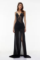 Severine Black Sheer Lace Corset Maxi Dress