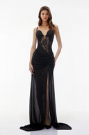 Severine Black Sheer Lace Corset Maxi Dress