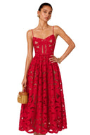 Sorina Red Cut-Out Lace Spaghetti Strap Midi Dress