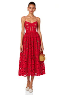 Sorina Red Cut-Out Lace Spaghetti Strap Midi Dress