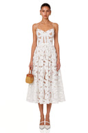 Sorina White Cut-Out Lace Spaghetti Strap Midi Dress