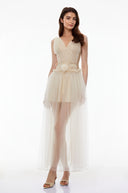 Vesna Beige V-neck Semi-sheer Ruched Maxi Dress