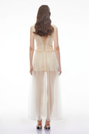 Vesna Beige V-neck Semi-sheer Ruched Maxi Dress