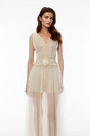 Vesna Beige V-neck Semi-sheer Ruched Maxi Dress