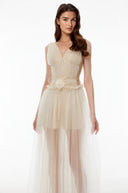 Vesna Beige V-neck Semi-sheer Ruched Maxi Dress