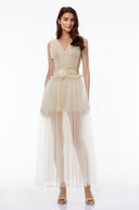 Vesna Beige V-neck Semi-sheer Ruched Maxi Dress