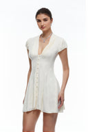 Neutrals V-Neck Pleated Button Down Mini Dress