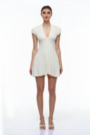 Neutrals V-Neck Pleated Button Down Mini Dress