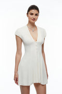 Neutrals V-Neck Pleated Button Down Mini Dress