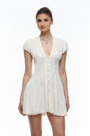 Neutrals V-Neck Pleated Button Down Mini Dress