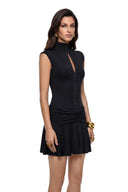 Henriette Black Turtleneck Ruched Mini Dress with Cut-Outs