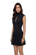 Henriette Black Turtleneck Ruched Mini Dress with Cut-Outs