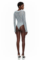 Soleil Blue Semi Sheer Ruffled Lace Bodysuit
