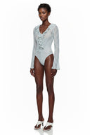 Soleil Blue Semi Sheer Ruffled Lace Bodysuit