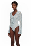 Soleil Blue Semi Sheer Ruffled Lace Bodysuit