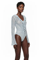 Soleil Blue Semi Sheer Ruffled Lace Bodysuit