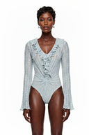 Soleil Blue Semi Sheer Ruffled Lace Bodysuit