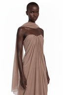 Elvira Brown Draped Strapless Scarf-Neck Maxi Dress