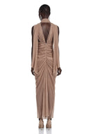 Elvira Brown Draped Strapless Scarf-Neck Maxi Dress