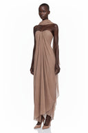 Elvira Brown Draped Strapless Scarf-Neck Maxi Dress