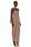 Elvira Brown Draped Strapless Scarf-Neck Maxi Dress