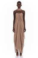 Elvira Brown Draped Strapless Scarf-Neck Maxi Dress