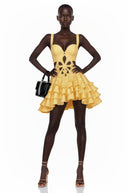 Xandra Yellow Sleeveless Floral Cut-Out Ruffle Mini Dress