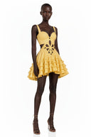 Xandra Yellow Sleeveless Floral Cut-Out Ruffle Mini Dress