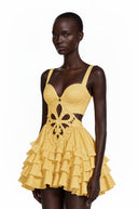 Xandra Yellow Sleeveless Floral Cut-Out Ruffle Mini Dress