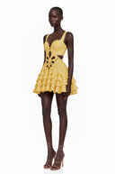 Xandra Yellow Sleeveless Floral Cut-Out Ruffle Mini Dress