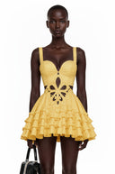 Xandra Yellow Sleeveless Floral Cut-Out Ruffle Mini Dress