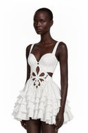 Xandra White Sleeveless Floral Cut-Out Ruffle Mini Dress