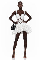 Xandra White Sleeveless Floral Cut-Out Ruffle Mini Dress