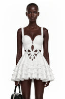 Xandra White Sleeveless Floral Cut-Out Ruffle Mini Dress