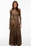 Raisa Brown Flocked Tulle Maxi Dress