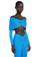 Tanais Blue Pleated Cape Crop Top & Skirt Set