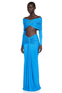 Tanais Blue Pleated Cape Crop Top & Skirt Set