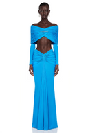 Tanais Blue Pleated Cape Crop Top & Skirt Set