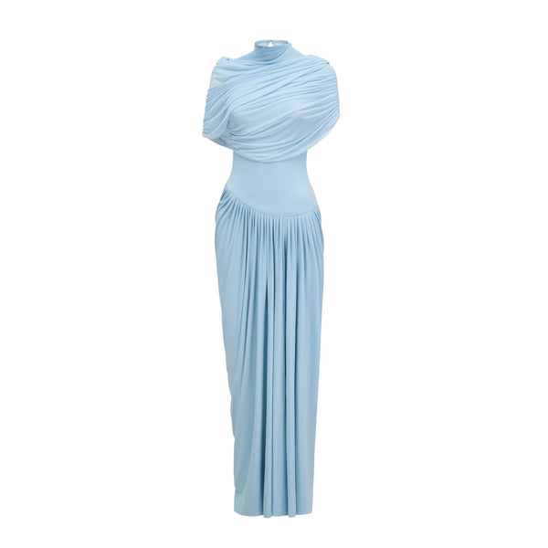 Liora Asymmetric Pleated Chiffon Maxi Dress in Baby Blue
