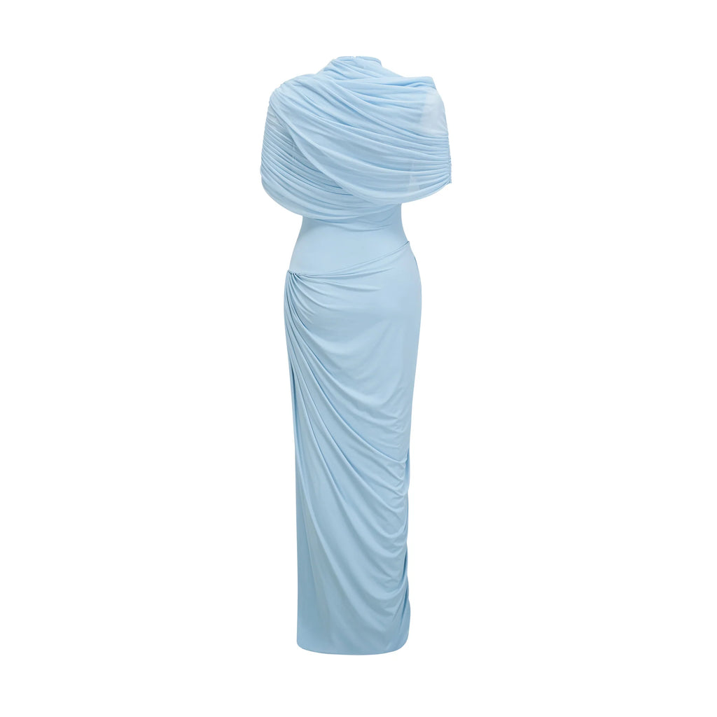 Liora Asymmetric Pleated Chiffon Maxi Dress in Baby Blue