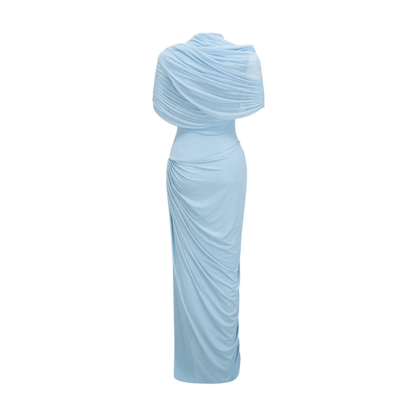 Liora Asymmetric Pleated Chiffon Maxi Dress in Baby Blue